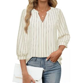 Messic Women's Blouse Dressy Casual 3/4 Sleeve Pleated V Neck Tops Business Work Shirts for Fall 2024 Trendy Outfit