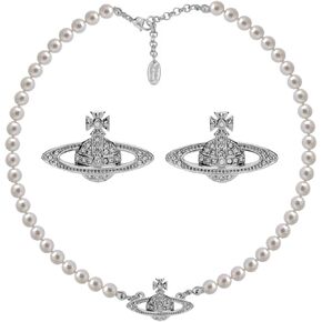 Dreuyet Saturn Pearl Necklace and Earrings Set Crystal Planet Earrings Dainty Artificial Pearl Choker Necklace Charm Gifts for Mum Wife Girlfriend Wedding Birthday Anniversary (Silver Planet set)