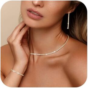 Jewelry Sets for Women Sparkly Rhinestone Choker Necklace Link Bracelet Dangle Earrings for Bride Bridesmaid Cubic Zirconia Necklace Set Wedding Prom Dresses Costume Crystal Jewelry Accessories