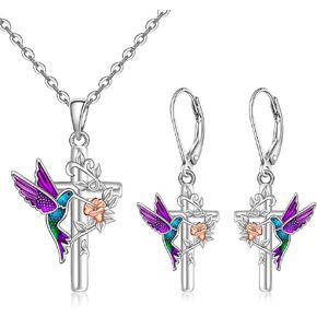 Fenthring Hummingbird Necklace and Earrings Hummingbird Pendant Necklace Cross Sterling Silver Hummingbirds Flower Jewelry Memorial Mothers Day Christmas Gifts