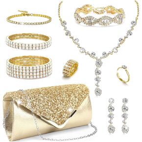 10Pcs Silver Rhinestone Jewelry Set for Women Bride Wedding Prom Jewelry Evening Rhinestone Sparkly Clutch Purse Bag Necklace Tennise Layered Bracelets CZ Ring Crystal Drop Earring Set Silver Shiny Costume Kit