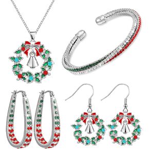Sasylvia 4 Pieces Christmas Rhinestone Jewelry Set for Women Wreath Bell Dangle Necklace Cuff Bracelet Wreath Hoop Earrings