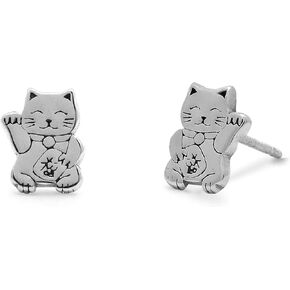 Boma Jewelry Sterling Silver Maneki Japanese Good Luck Cat Stud Earrings