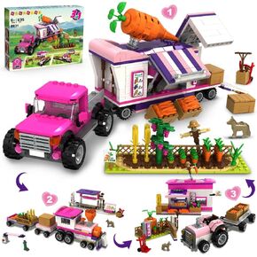 HOGOKIDS 3-in-1 Farm Building Toys with LED Light, 835 PCS Farmer Market Building Blocks Set for Girls, Train Truck Building Set with Stickers, Birthday Gift for Girls Boys Age 6 7 8 9 10 11 12