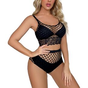 Fishnet Lingerie Set for Women Sexy Lace Mesh Babydoll Lingerie High Waist Bra and Panty 2 Piece Lingerie Sets Nightwear One Size