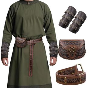 3PCs Medieval Costume Accessories, Vintage Embossed belt with Buckle Arm Guards and Viking Belt Bag for Ren Faire