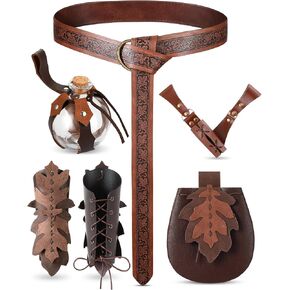 Coume 6 Pcs Women Renaissance Accessories Medieval Leaf Leather Belt Pouch Sword Holder Potion Bottle Leather Arm Guards