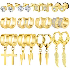 12 Pairs Earrings for Men Women Stainless Steel Stud Earrings Gold Black Sliver Hypoallergenic Huggie Cross Dangle Fashion Piercing Jewelry for Birthdays, Parties & More