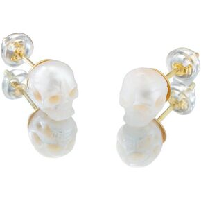 Handcarved Pearl Skull Earrings, Sterling Silver Skull Earrings, Halloween Earrings (Stud)