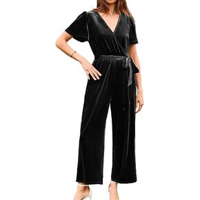 BerryGo Women's Velvet Jumpsuits For Women Dressy V Neck Short Sleeve Belted One Piece Fall Wide Leg Outfits With Pocket