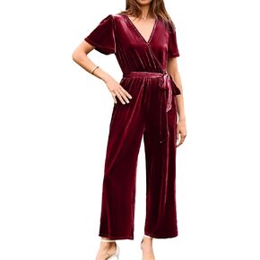 جمبسوت نسائي مخملي من BerryGo للنساء، أنيق بياقة على شكل V وأكمام قصيرة وحزام، قطعة واحدة للخريف بأرجل واسعة مع جيب in Kuwait