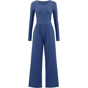 Jumpsuits for Women Dressy Long Sleeve Casual One Piece Outfits Crewneck Wide Leg Pants Rompers With Pockets