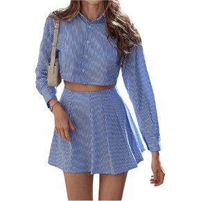 Milumia Women's 2 Piece Set Striped Long Sleeve Button Up Shirt Tennis Skirts