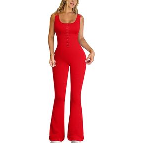 OQQ Jumpsuits For Women Ribbed Square Neck Sleeveless Sexy Stretch Flare Jumpsuits