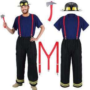 Hicarer 5 Pcs Firefighter Costume for Men Fireman Helmet Axe T Shirt Pants Attached Suspender Halloween Cosplay Outfit Size L