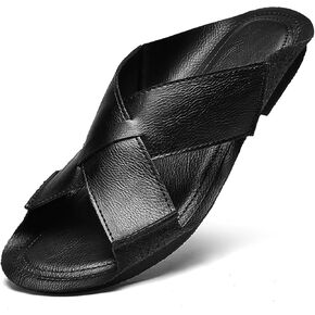 Men's Genuine Leather Cutout Slides Sandals Comfort Lightweight Open Round Toe Slip On Anti-Slip Soft Bottom Slippers Summer Casual Walking Beach Fisherman Sandals