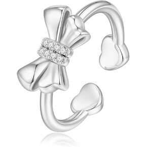 Heart Bow Rings for Teen Girls Women, 14K Gold/White Gold/Rose Gold Plated CZ Bow Ring Adjustable Stackable Rings for Women Girls Jewelry Gifts