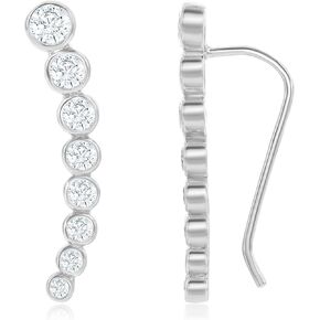 Sterling Silver 925 Gold/Rose Gold Bezel-set Zirconia Curved Bar Ear Climber Crawler Cuff Studs Hypoallergenic Earrings