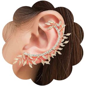 Boho Crystal Leaf Cuff Wrap Earrings Gold Rhinestone Leaf Climber Earrings Long Cz Leaf Wrap Earrings Gothic Cuff crawler Earrings Jewelry for Women