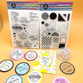 1pc Circle Tag Metal Cutting Die Cut and 2pc Clear Stamps Happy Birthday Stamp for Paper Craft Handmade Card Template Stencil Alina Crafts Art Tools