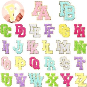 52 Pcs Self-Adhesive Chenille Letters Patches, A-Z Alphabet Applique Patches Iron on Letters Embroidered Letter Stickers for Clothing, Makeup Hats, Bags, Backpacks, laptops (Multicolor)