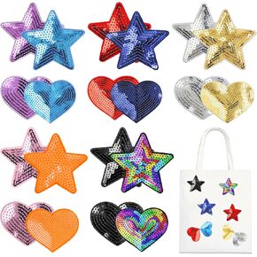 20Pcs Sequin Iron On Patches, Star and Heart Patches for Clothes, DIY Sew on Patches Applique for Clothing Hats Dress Pants Jeans