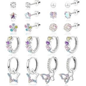 10 Pairs Hypoallergenic Screw Back Earrings For Women Girls Surgical Steel Small Huggie Hoop Earrings Cute CZ Star Butterfly Dangle Hoop Earrings Screwback Stud Earrings Set For Sensitive Ears