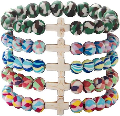Bohemian Colorful Camouflage Beads Bracelets Set Stackable Turquoise Stone Seashell Turtles Christian Cross Stretch Preppy Layering Friendship Beach Surfing Bracelets Birthday Gifts for Women in Saudi Arabia
