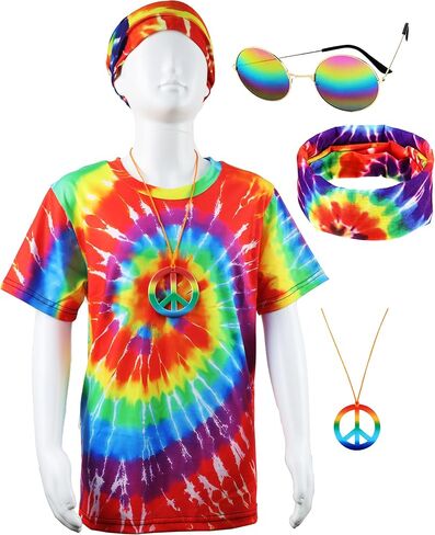 70s Outfits Boys 4Pcs Hippie Costume Accessories Kids Colorful Dye tshirt for Theme Party 60s 70s for 4-12 years in Saudi Arabia