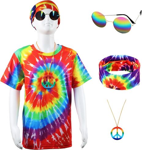 70s Outfits Boys 4Pcs Hippie Costume Accessories Kids Colorful Dye tshirt for Theme Party 60s 70s for 4-12 years in Saudi Arabia