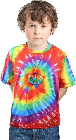 70s Outfits Boys 4Pcs Hippie Costume Accessories Kids Colorful Dye tshirt for Theme Party 60s 70s for 4-12 years in Saudi Arabia