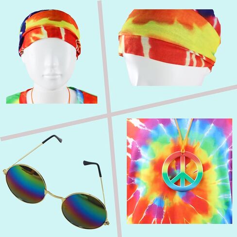 70s Outfits Boys 4Pcs Hippie Costume Accessories Kids Colorful Dye tshirt for Theme Party 60s 70s for 4-12 years in Saudi Arabia