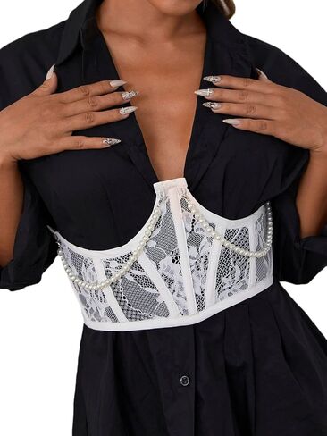 Women's Lace up Waist Belt Lace Embroidery Pearl Chain Underbust Corset Top Body Shaper Bustier in Saudi Arabia