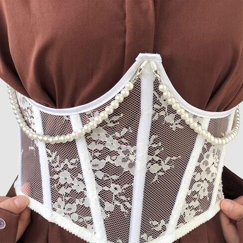 Women's Lace up Waist Belt Lace Embroidery Pearl Chain Underbust Corset Top Body Shaper Bustier in Saudi Arabia