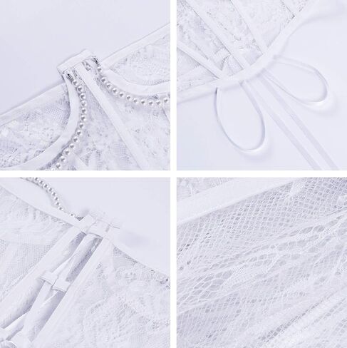 Women's Lace up Waist Belt Lace Embroidery Pearl Chain Underbust Corset Top Body Shaper Bustier in Saudi Arabia