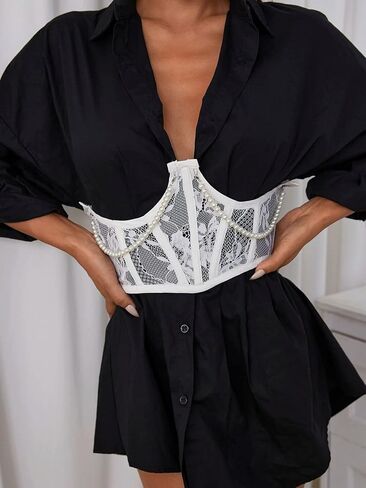 Women's Lace up Waist Belt Lace Embroidery Pearl Chain Underbust Corset Top Body Shaper Bustier in Saudi Arabia