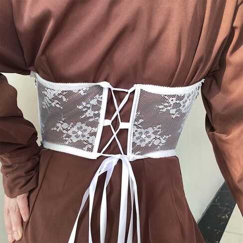 Women's Lace up Waist Belt Lace Embroidery Pearl Chain Underbust Corset Top Body Shaper Bustier in Saudi Arabia