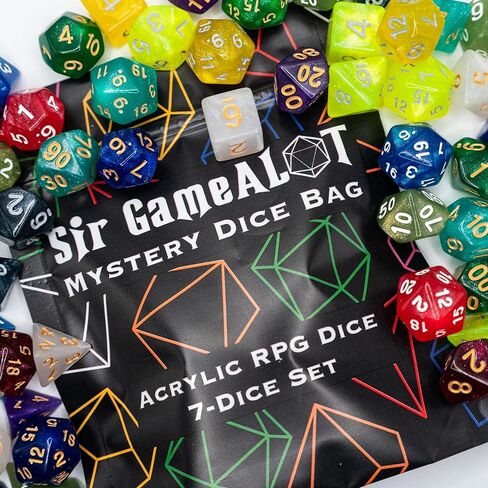 Mystery Acrylic Dice Bag | Set of 7 Acrylic Polyhedral Gaming Dice | One Set Chosen at Random | RPG, DND etc. (Mystery Dice Bag - Acrylic) in Kuwait