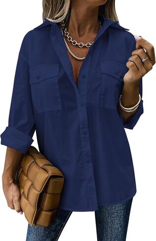 Zeagoo Womens Button Down Shirts Casual Long Sleeve Drop Shoulder Blouses Solid Color Dress Shirts with Pockets in Saudi Arabia