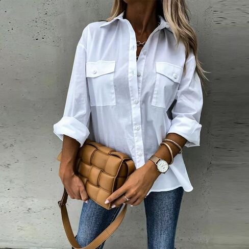 Zeagoo Womens Button Down Shirts Casual Long Sleeve Drop Shoulder Blouses Solid Color Dress Shirts with Pockets in Saudi Arabia
