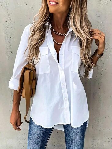 Zeagoo Womens Button Down Shirts Casual Long Sleeve Drop Shoulder Blouses Solid Color Dress Shirts with Pockets in Saudi Arabia