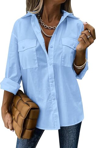 Zeagoo Womens Button Down Shirts Casual Long Sleeve Drop Shoulder Blouses Solid Color Dress Shirts with Pockets in Saudi Arabia