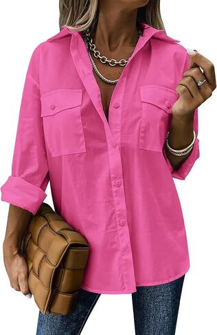 Zeagoo Womens Button Down Shirts Casual Long Sleeve Drop Shoulder Blouses Solid Color Dress Shirts with Pockets in Saudi Arabia