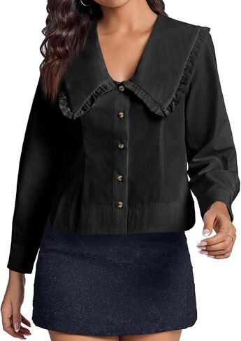 Cicy Bell Womens V Neck Ruffle Shirts Cute Long Sleeve Button Down Tops Casual Work Office Blouses in Saudi Arabia