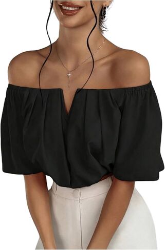 SOLY HUX Women's Off Shoulder Short Sleeve Ruched Crop Tops Blouse in Saudi Arabia