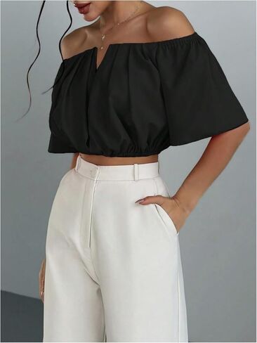 SOLY HUX Women's Off Shoulder Short Sleeve Ruched Crop Tops Blouse in Saudi Arabia