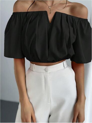 SOLY HUX Women's Off Shoulder Short Sleeve Ruched Crop Tops Blouse in Saudi Arabia