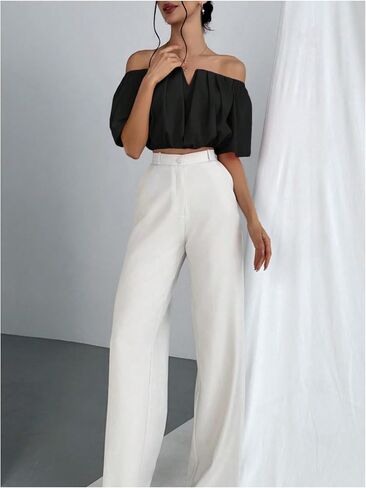 SOLY HUX Women's Off Shoulder Short Sleeve Ruched Crop Tops Blouse in Saudi Arabia