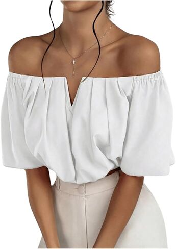 SOLY HUX Women's Off Shoulder Short Sleeve Ruched Crop Tops Blouse in Saudi Arabia