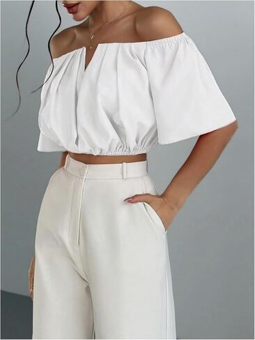 SOLY HUX Women's Off Shoulder Short Sleeve Ruched Crop Tops Blouse in Saudi Arabia